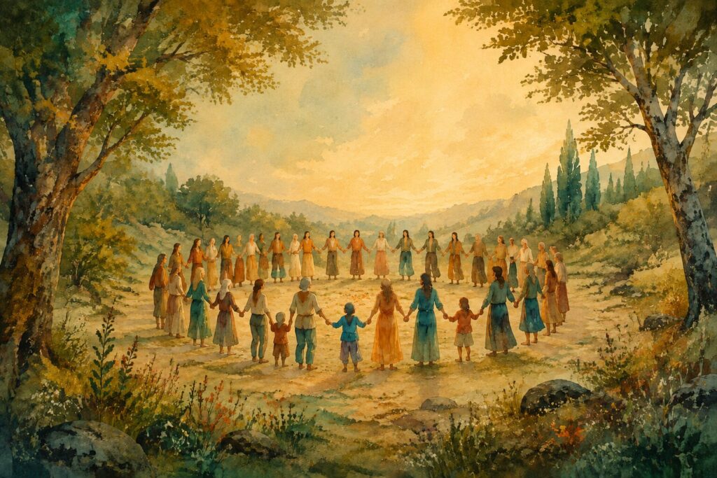 Watercolor illustration of an anonymous circle of dancers with an open grassy center