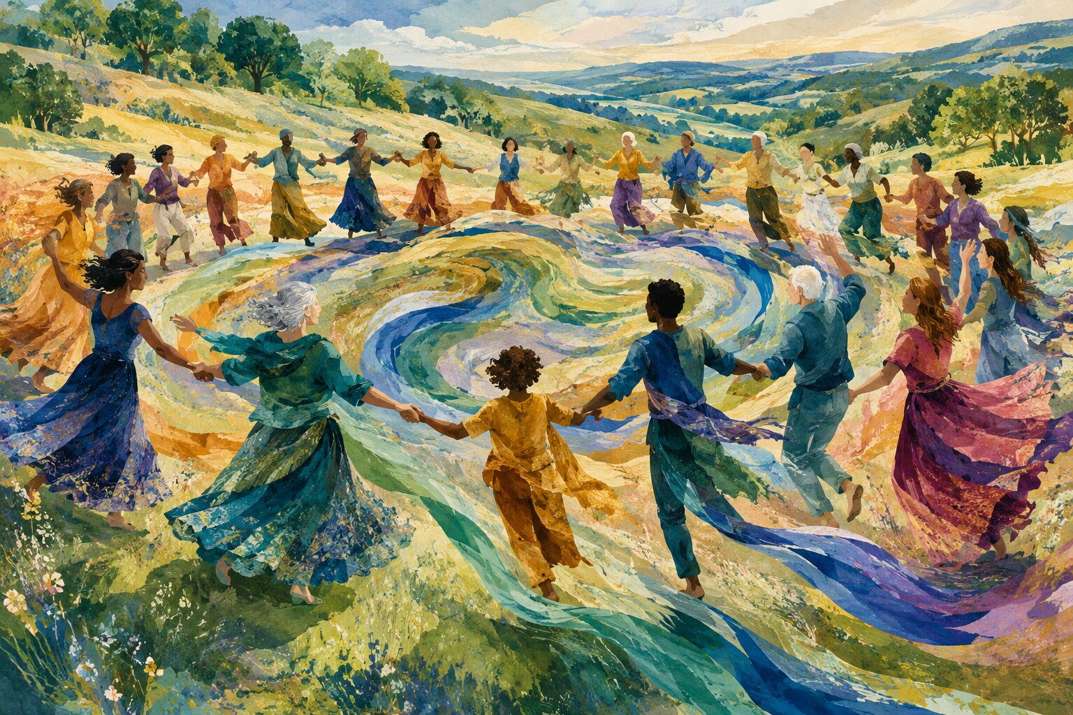 Watercolor illustration of anonymous dancers forming a flowing circle in a French countryside