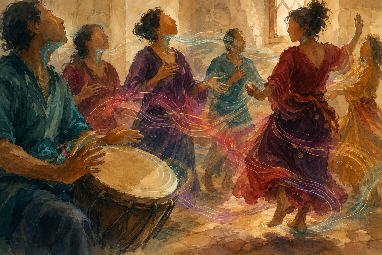 Watercolor illustration of anonymous dancers and a frame drummer embodying sacred sound