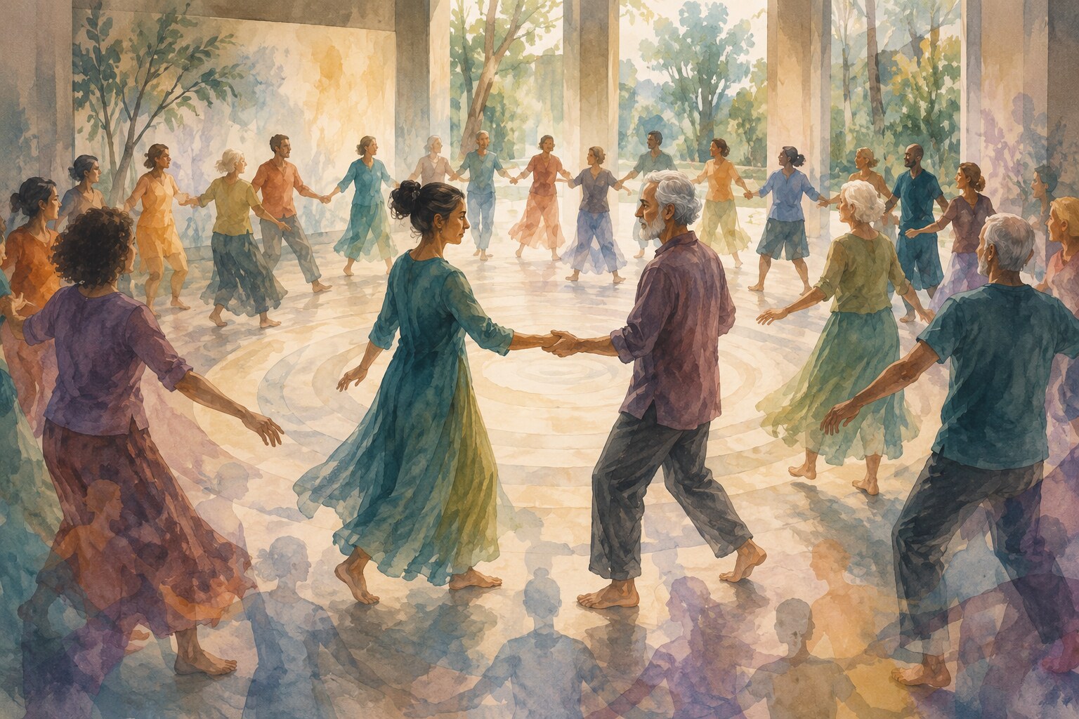 Watercolor illustration of anonymous dancers meeting one another's gaze in a circle
