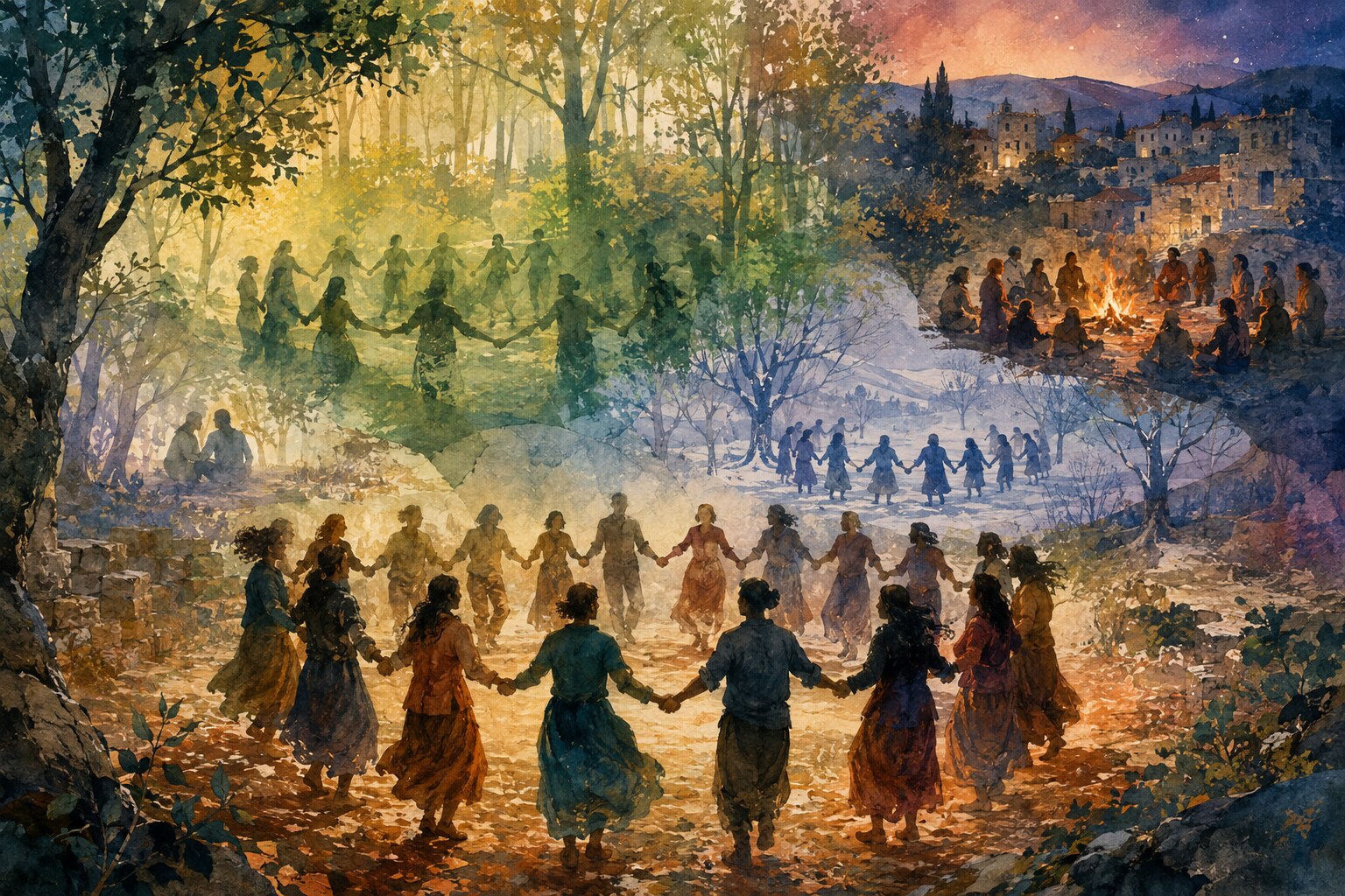 Watercolor illustration of anonymous dance circles remembered across seasons in a fictional French woodland
