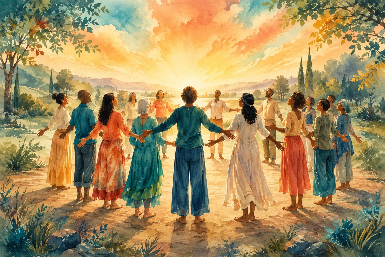 Watercolor illustration of anonymous dancers standing grounded and open in a circle at sunrise